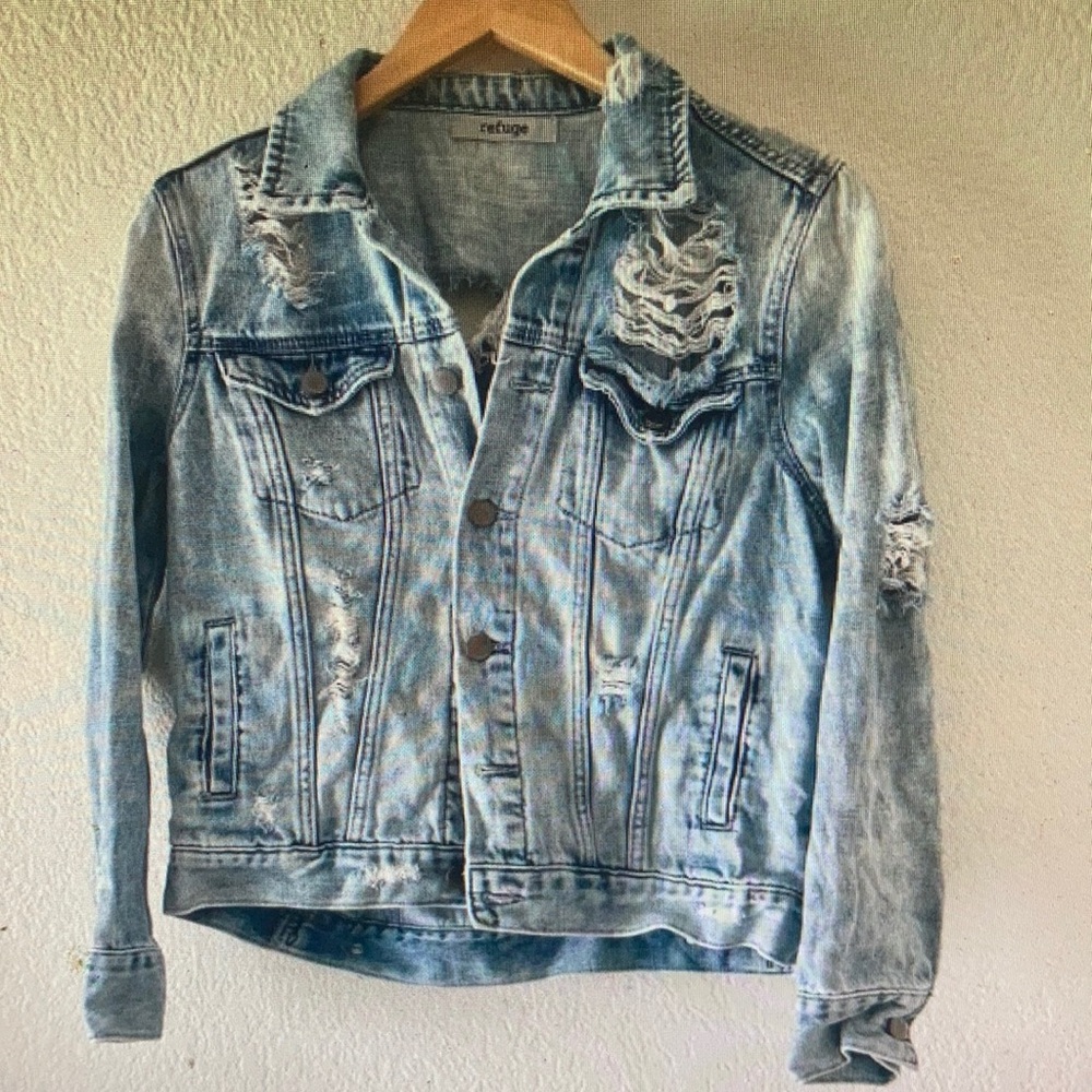 Refuge Light Wash Distressed Denim Jacket with Holes